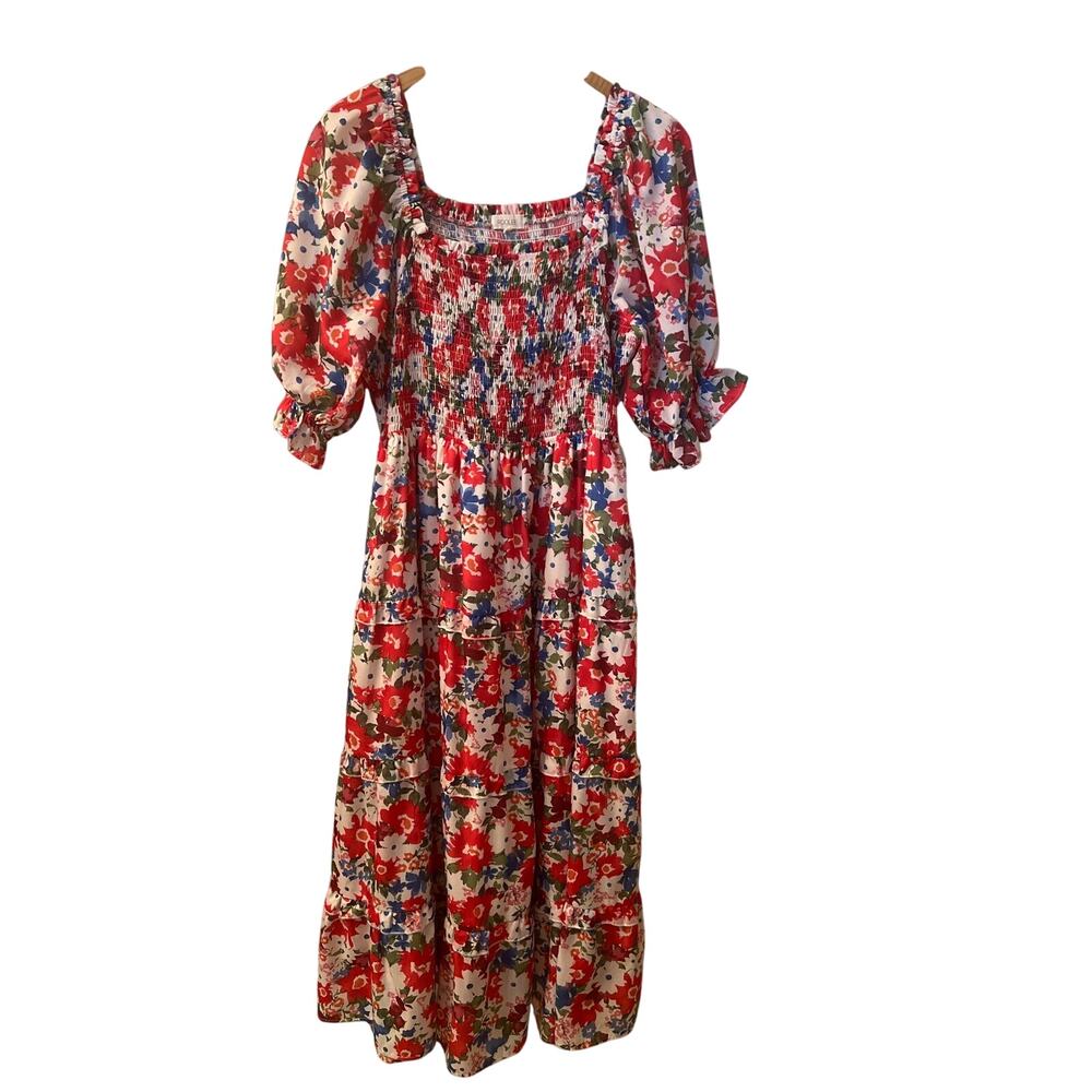 Roolee Smocked Floral Midi Dress Tiered Multicolor L